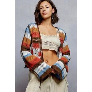 POL - Crochet Striped Tie Closure Cardigan - One Size